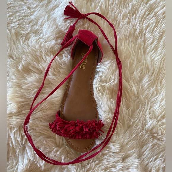 Brash Raspberry Ankle Tie Sandals with Fluffy Faux Suede Strap - Picture 4 of 13